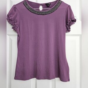 East 5th Lavender Top with Ruffled Sleeves and Beaded Neckline